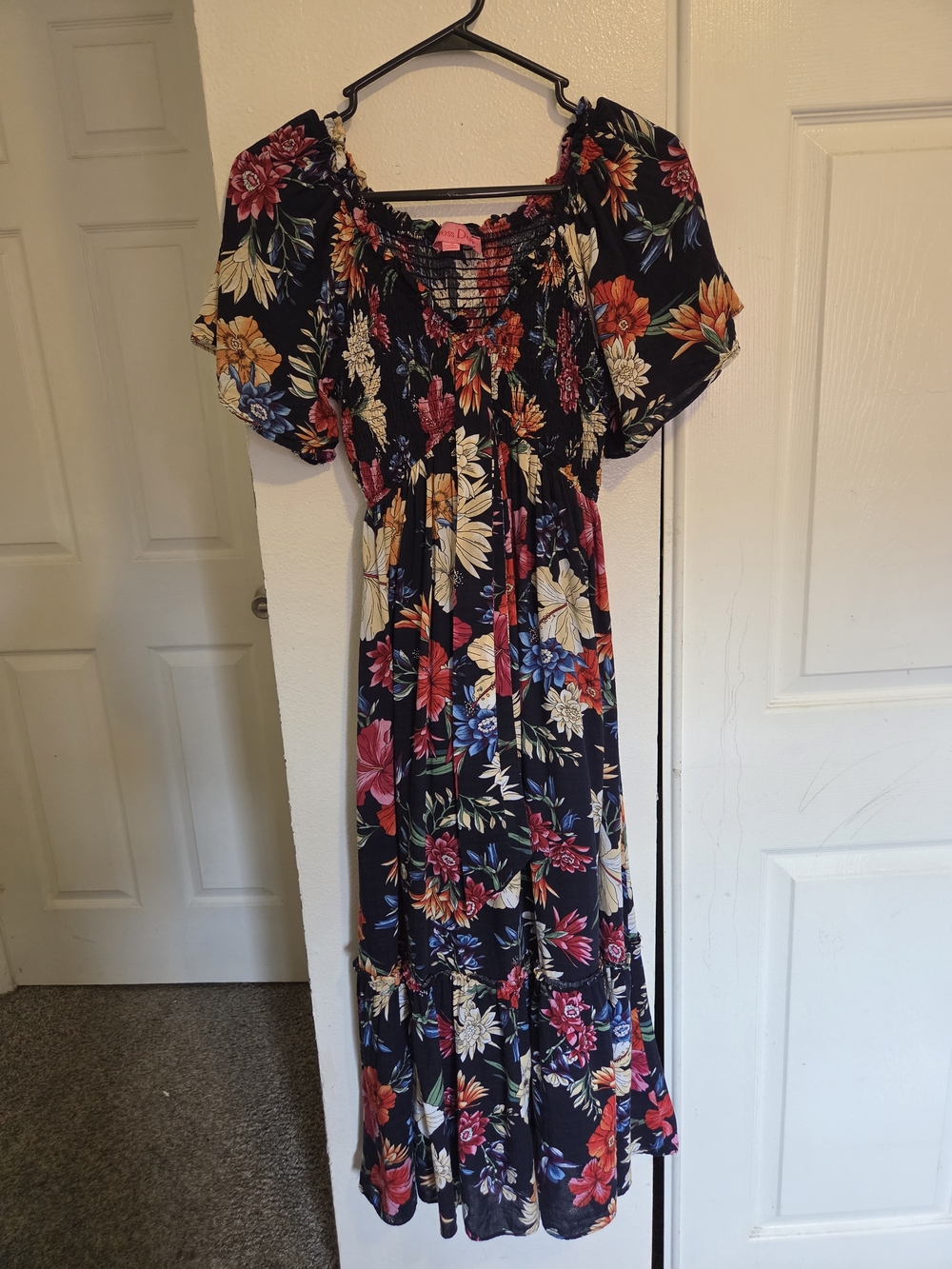 Navy Floral Smocked Maxi Dress with Puff Sleeves